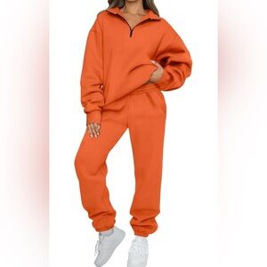 Orange Two Piece Loungewear Sweatsuit Quarter Zip Pullover and Sweatpants NEW
